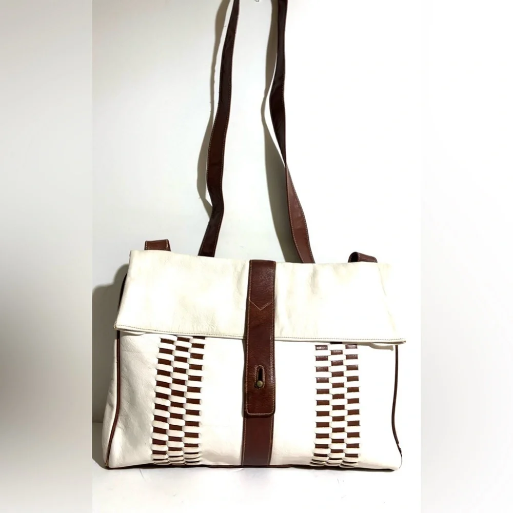 Bettina white & brown woven leather crossbody handbag